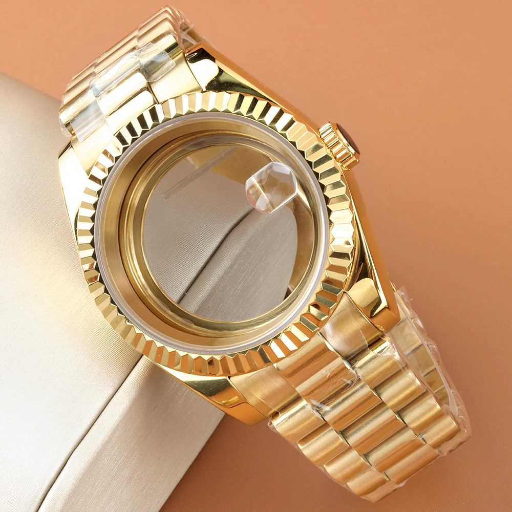 

Gold 36MM/39MM Case High Quality Waterproof Presidential Bracelet Sapphire Glass Watch Case For NH35 NH36 Movement 28.5mm Dial