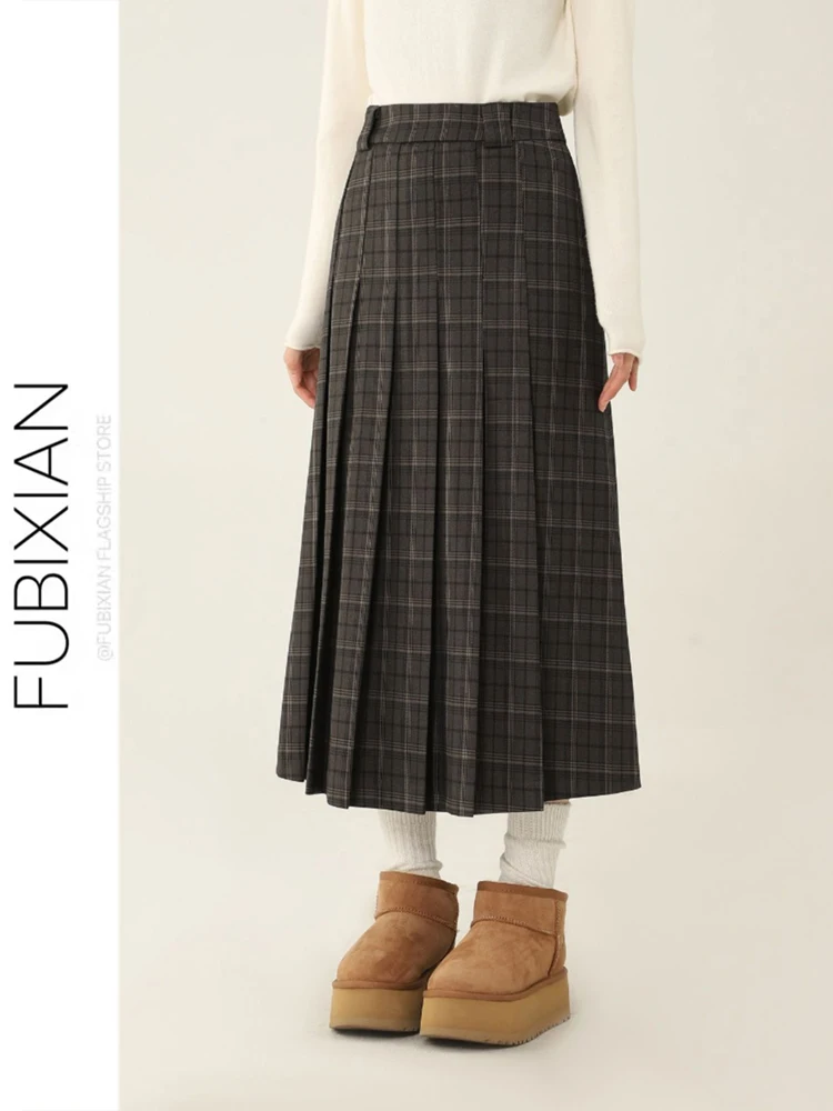 Autumn Winter Plaid A-Line Skirt High Waist Pleated Slimming Casual Gingham Checkered  Skirt College Style Women's Fashion