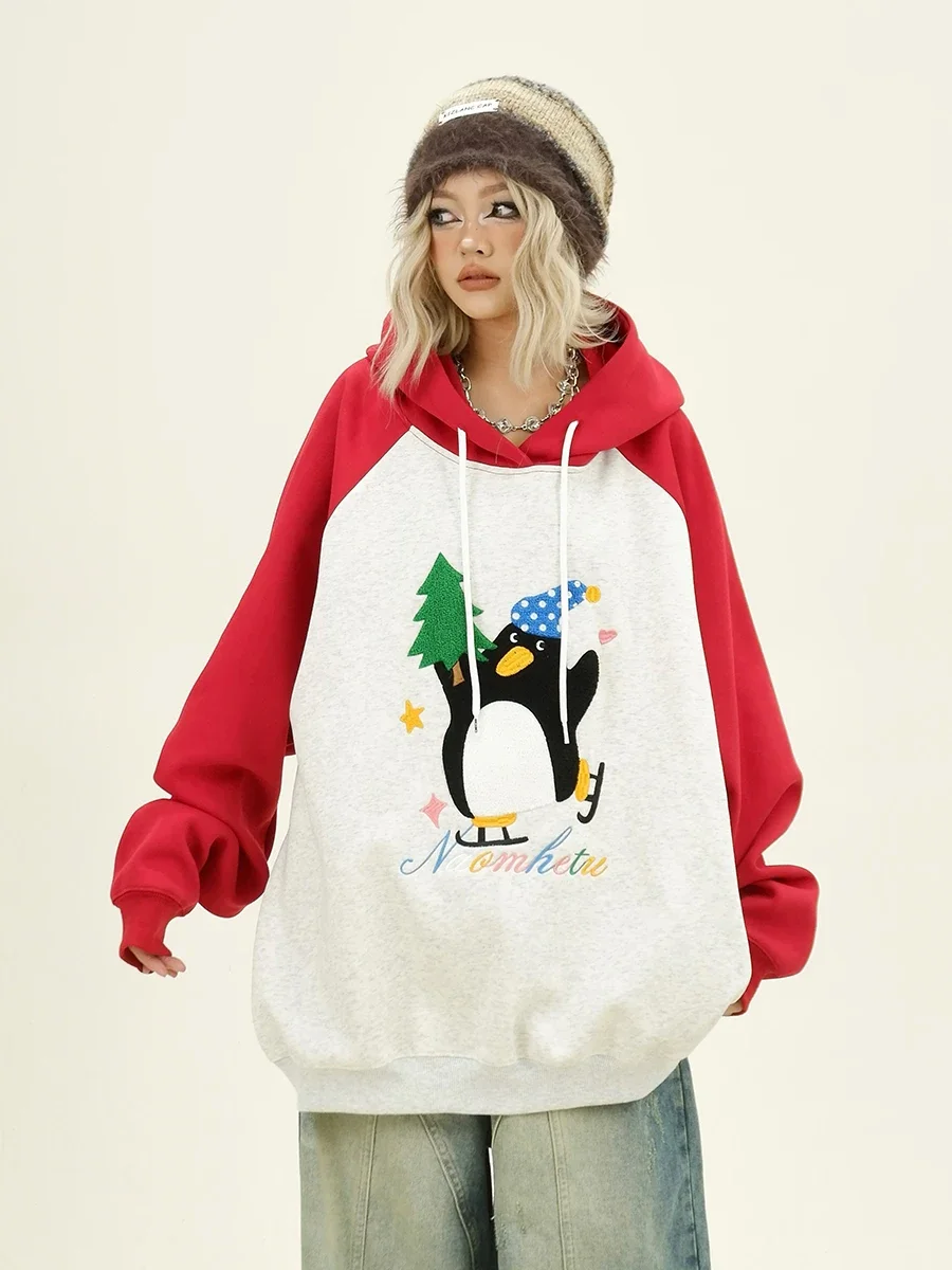 Cartoon Penguin Contrasting Color Hoodies Women's 2024 Autumn New Loose Bf American Retro Top Trend