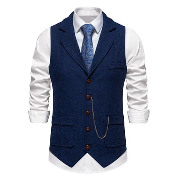 Men's Retro Lapel Chain Vest Fashion Herringbone Coarse Tweed Pockets Suit Vest British Casual Vintage Gentleman Leisure Party 6
