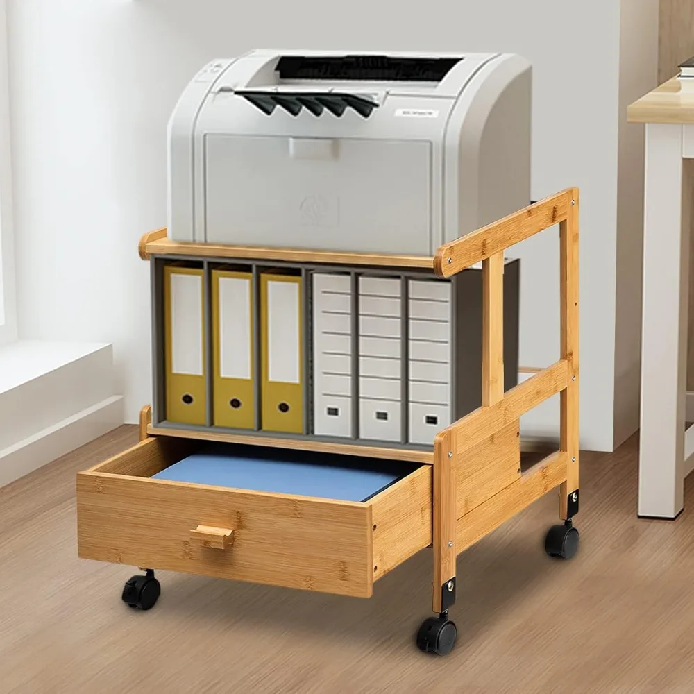 2 Tiers Wood Storage Cart with Wheels Drawer Office Printer Stand Office Rolling Cart Printer Cart for Office Library