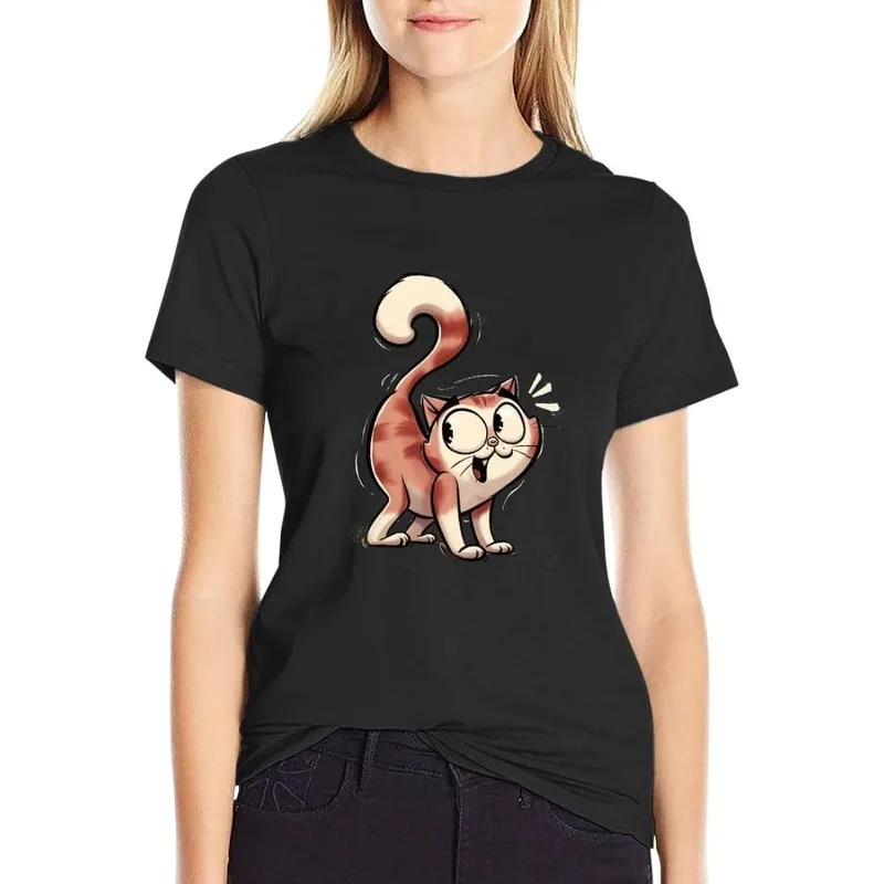 Cute Surprised Cat Print T-Shirt Women’s Casual Short Sleeve Top Funny Excited Cartoon Cat Print Soft Crew Neck Daily Wear Top