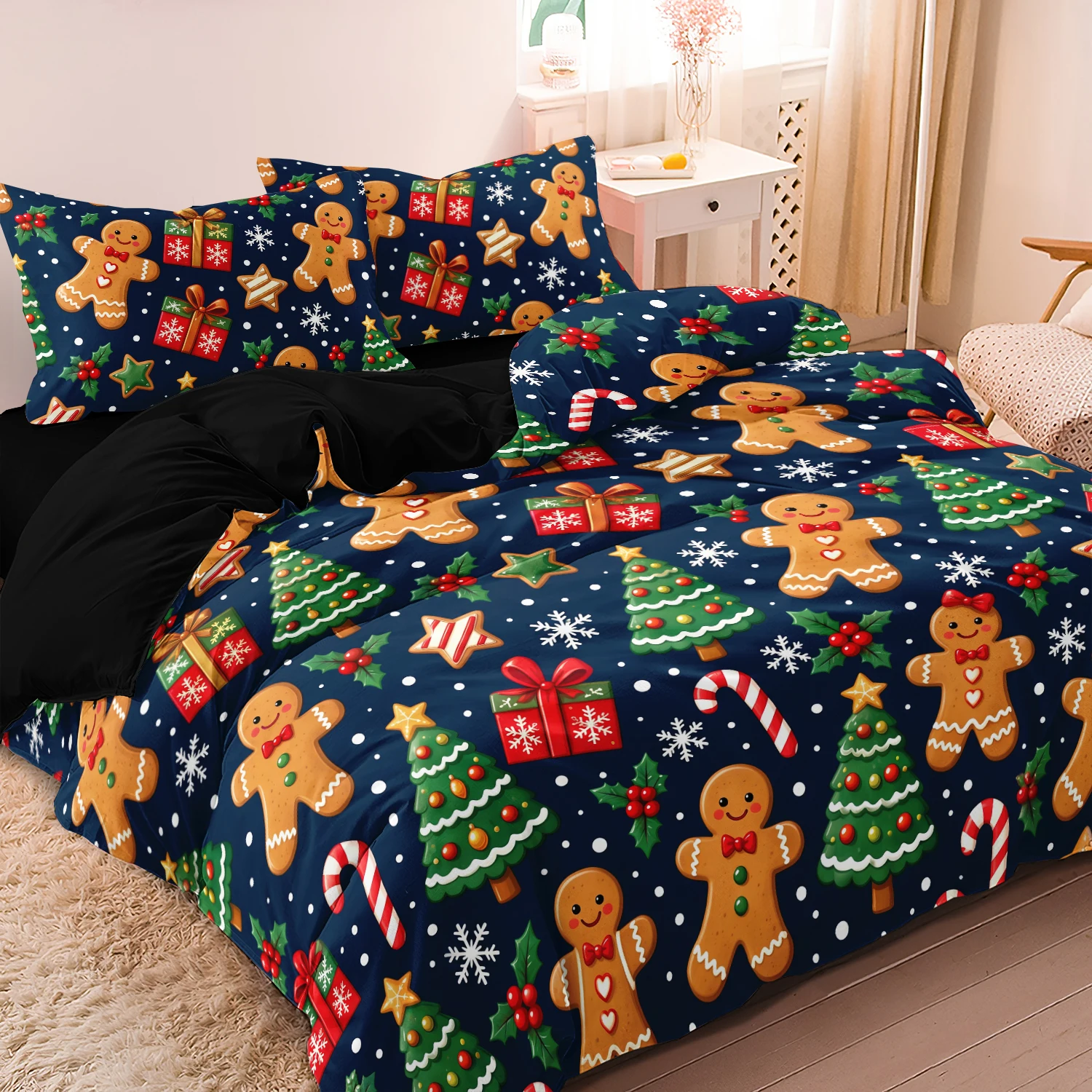 3Pcs Christmas Gingerbread Man Duvet Cover Set, Cookies Xmas Trees Gifts Candy Canes Snowflakes Fun Festive Winter Bedding