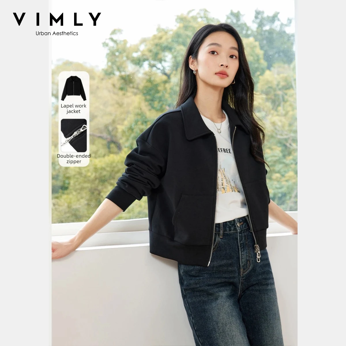 VIMLY, chaquetas cortas informales para mujer, otoño 2025, nuevos abrigos con diseño de cremallera, prendas de vestir de punto de manga larga lisas simples para mujer M8608