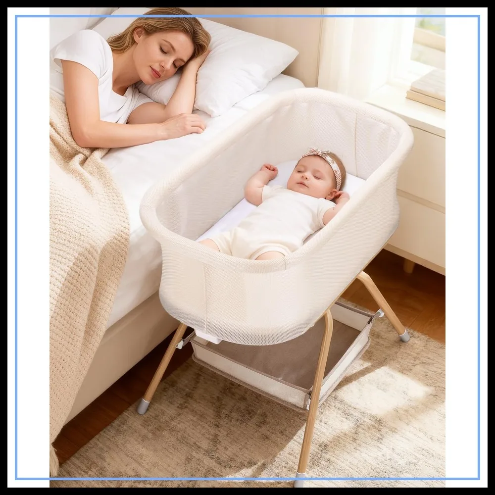 

3-in-1 Baby Bassinet, Rocking Bedside Sleeper with Mesh & Soft Mattress, Portable Nest with Storage Basket, Easy Fold Beige