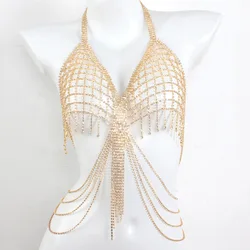 Sexy Neck Hanging Out Style Long Tassel Mesh Rhinestone Chest Chain Nightclub Women's Body Chain Jewelry