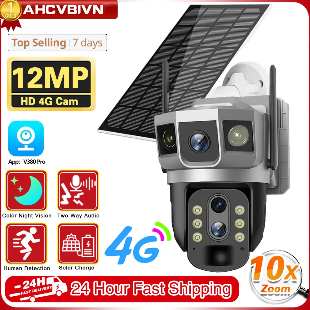 

6K 12MP 10X Zoom WiFi Dual Screen Solar Security Camera Outdoor Three Lens PTZ Human Auto Tracking CCTV Camera V380 Pro APP 256G