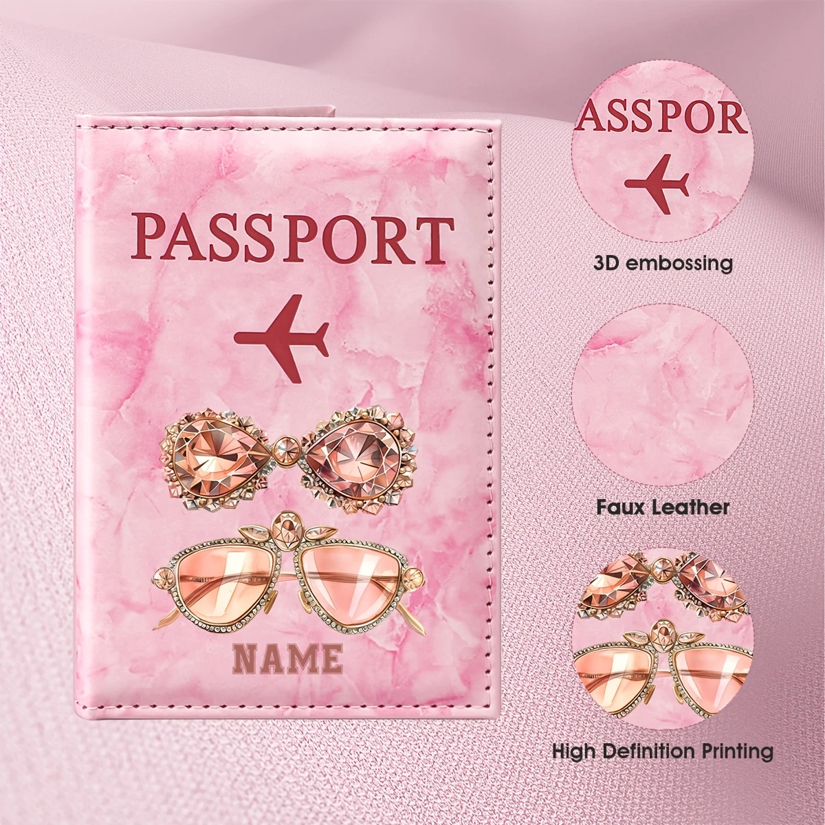 Custom Name Exquisite Rose-Golden Glasses Pattern Design PU Passport Bag, Retro Sunglasses Elements And Name Lettering