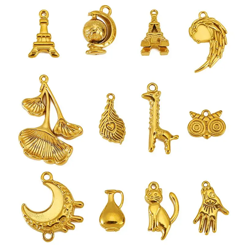 3pcs Stainless Steel Eiffel Tower Globe Cat Charms Giraffe Owl Maple Leaf Pendant for DIY Necklace Jewelry Making Accessories
