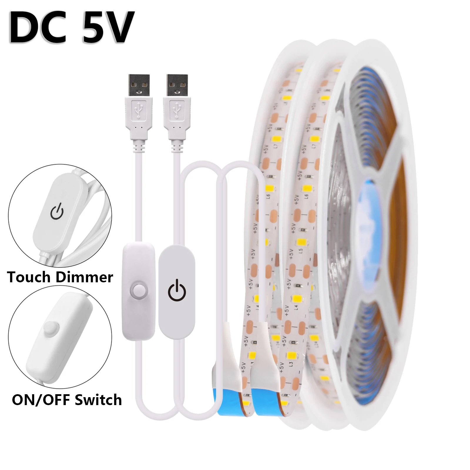 5V USB LED Strip Light With Switch Touch Dimmer SMD 2835 60Leds/m Waterproof Luces Led Diode Tape for House Room Night Light