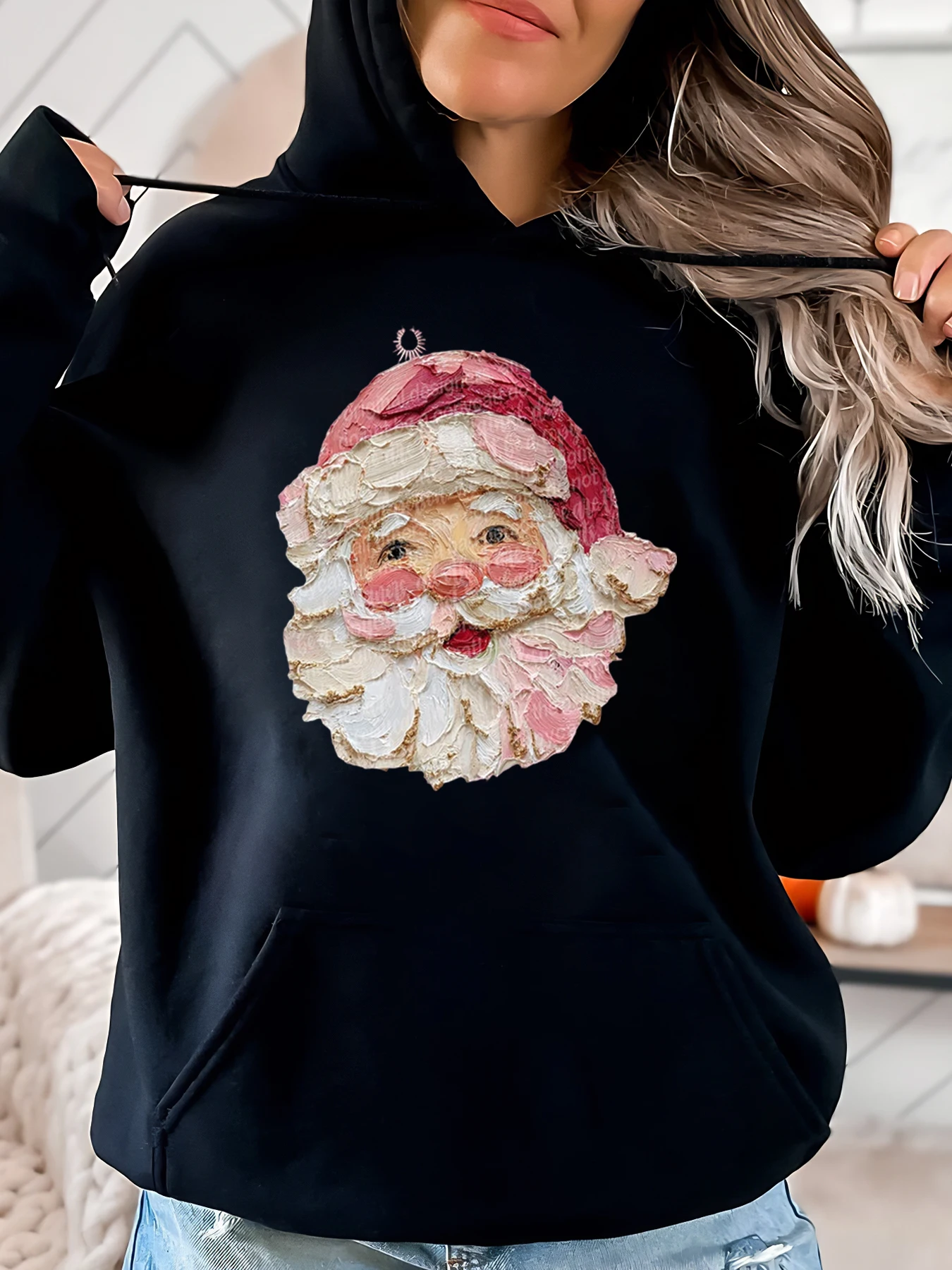 

Рождественская толстовка с принтом лица Санта-Клауса, женская повседневная праздничная одежда, черная, больших размеров