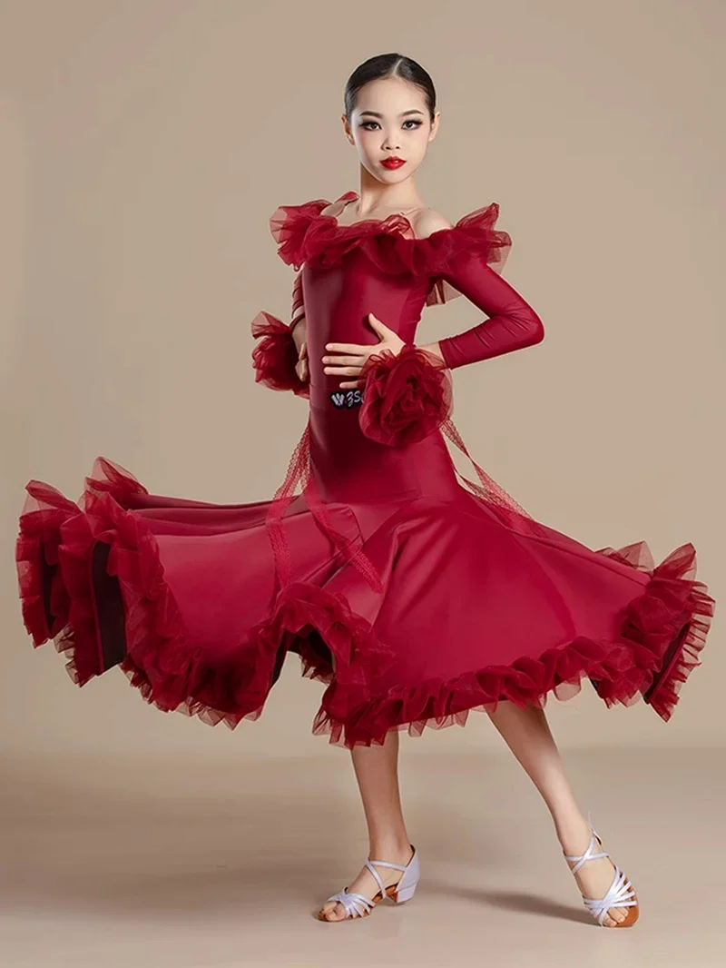 

Kids Girls Waltz Tango Ballroom Professional Costumes Long Sleeve Cut Out Shoulder Jumpsuit Large Skirts Modern Dancing Clothes
