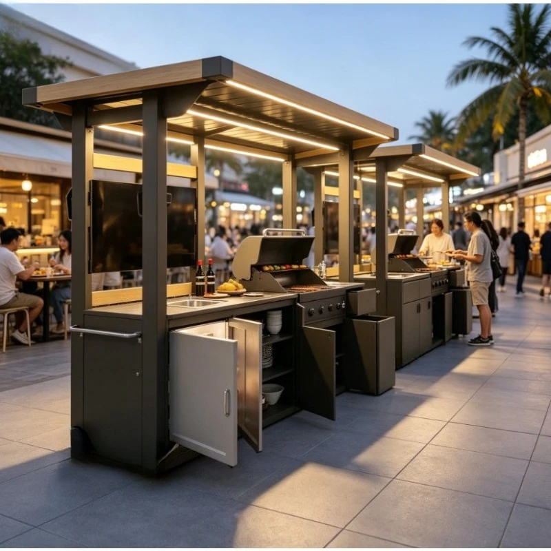 Custom Commercial Powder Coated Modular Aluminum Outdoor Kitchen System with Built‑In BBQ Grill & Refrigerator for Garden Patio