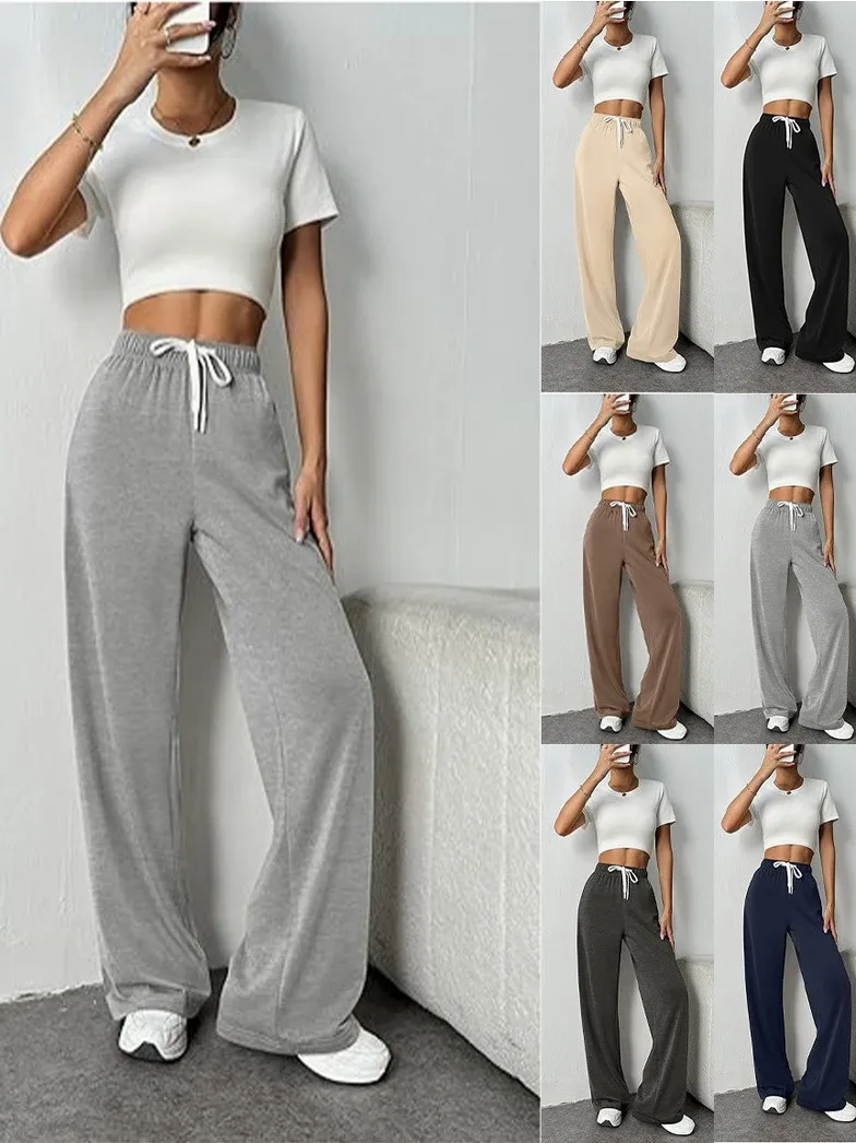

High Waist Color Rope Motion Straight Jeans Sports Casual Trousers for Women Street Sle Long Pants Polyester Blend