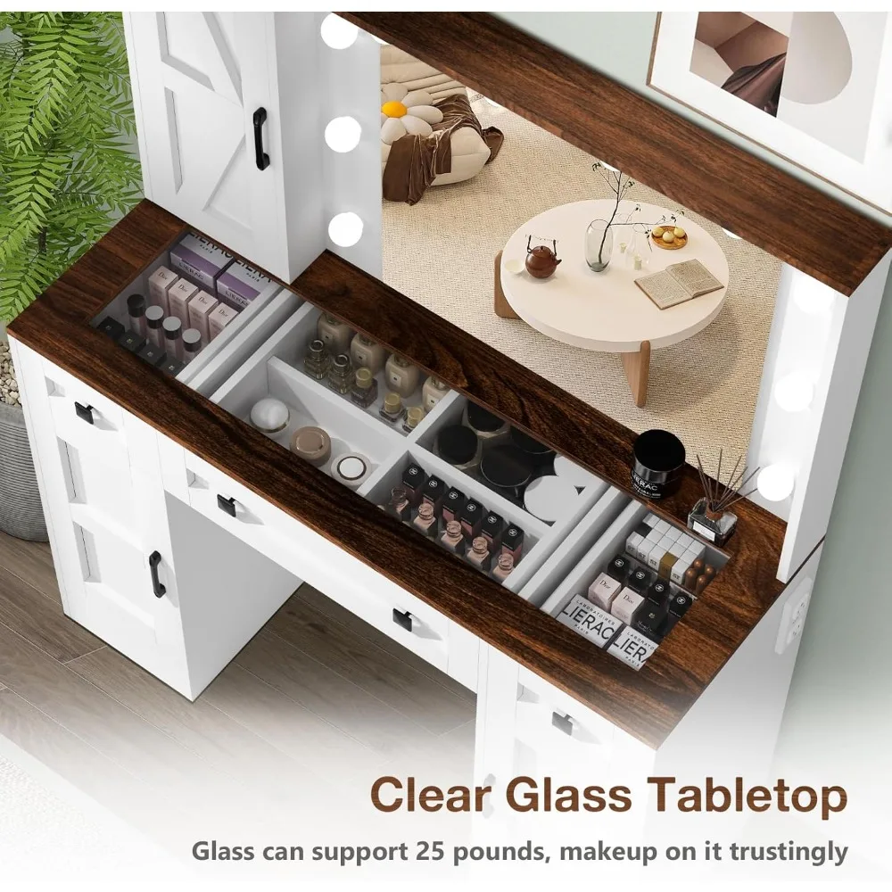 Vanity Desk con piano in vetro con specchio, luci e stazione di ricarica, con 3 cassetti e 3 armadietti per riporre oggetti