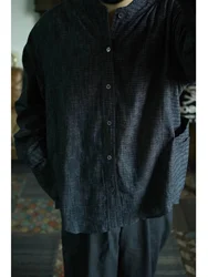 Second Order Stand Collar Irregular Check Linen Shirt with Pockets Dark Gray