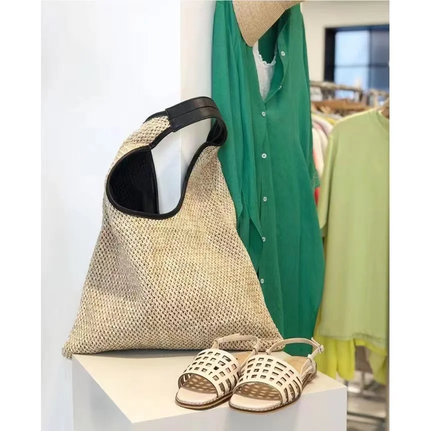 Bolsos de mano de tejido de color crema para mujer, bolsos de compras de estilo Simple de gran capacidad, bolsos de hombro de punto a la moda, nuevo, Verano