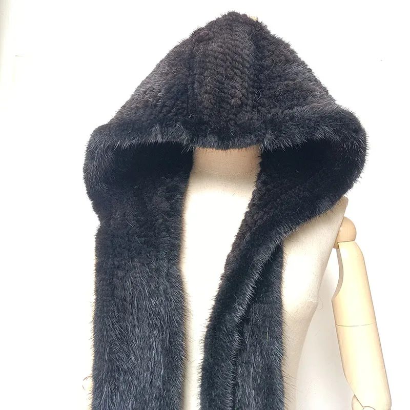 2022 Women Winter New Knitted Real Mink Fur Hat With Scarf Fashion Long Natural Fur Scarves Hooded Female Genuine Fur Caps