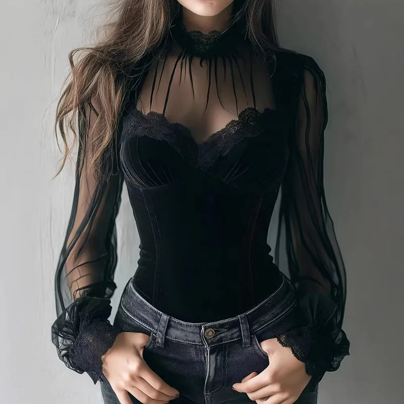 Spring and Autumn's New Cross-border Elegant Stylish Mesh Fabric Patchwork Hollowed-out Flared Sleeve Lace-up Waist-cinching Top