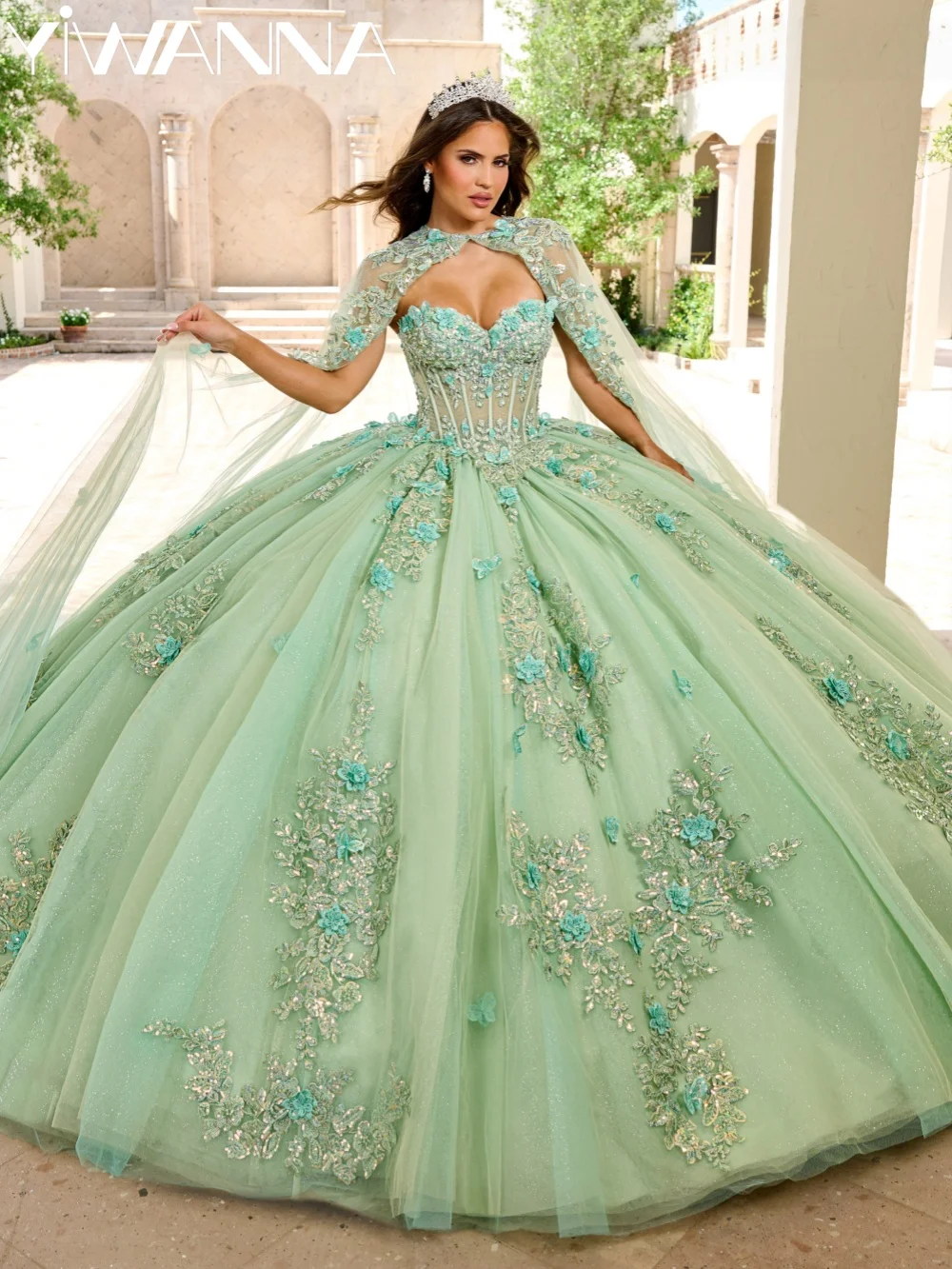 

2026 Sage Green Luxurious 3D Floral Quinceanera Dress Stunning Beaded Ball Gown Long Customized Elegant Sweet 15 Party Vestidos