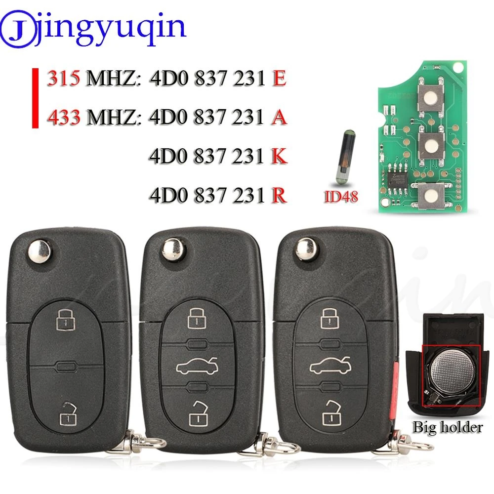 jingyuqin 2/3/4BTN Smart Remote Car Key Fob 315/433Mhz ID48 4D0837231E/ K/ A/ R For Audi A3 A4 A6 A8 TT RS4 Quattro Old Models