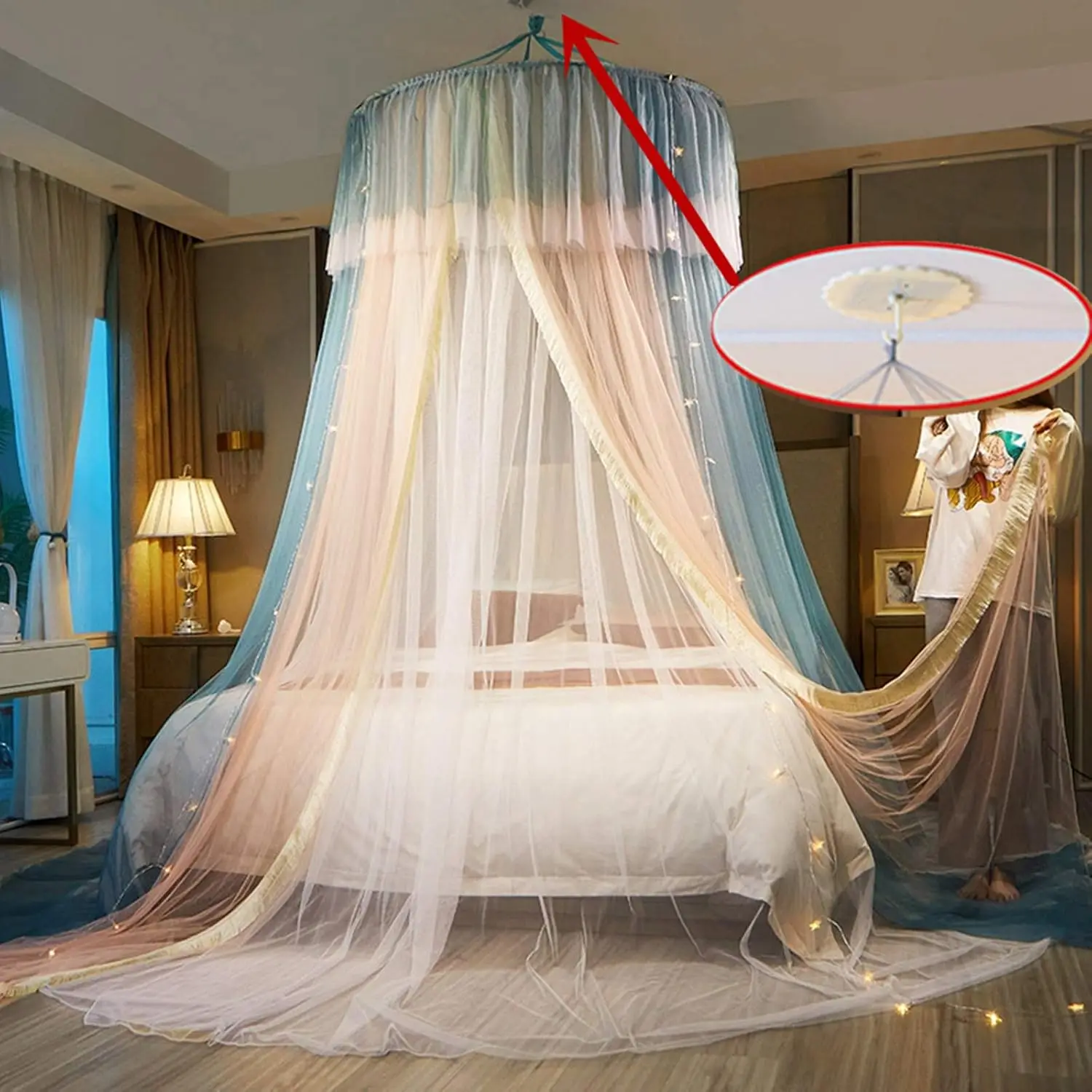 Vethin Princess Bed Canopy For Girls,Bed Canopy Curtain- Double Layer Sheer Mesh Dome Bed Curtain- Round Lace Princess Mosquito