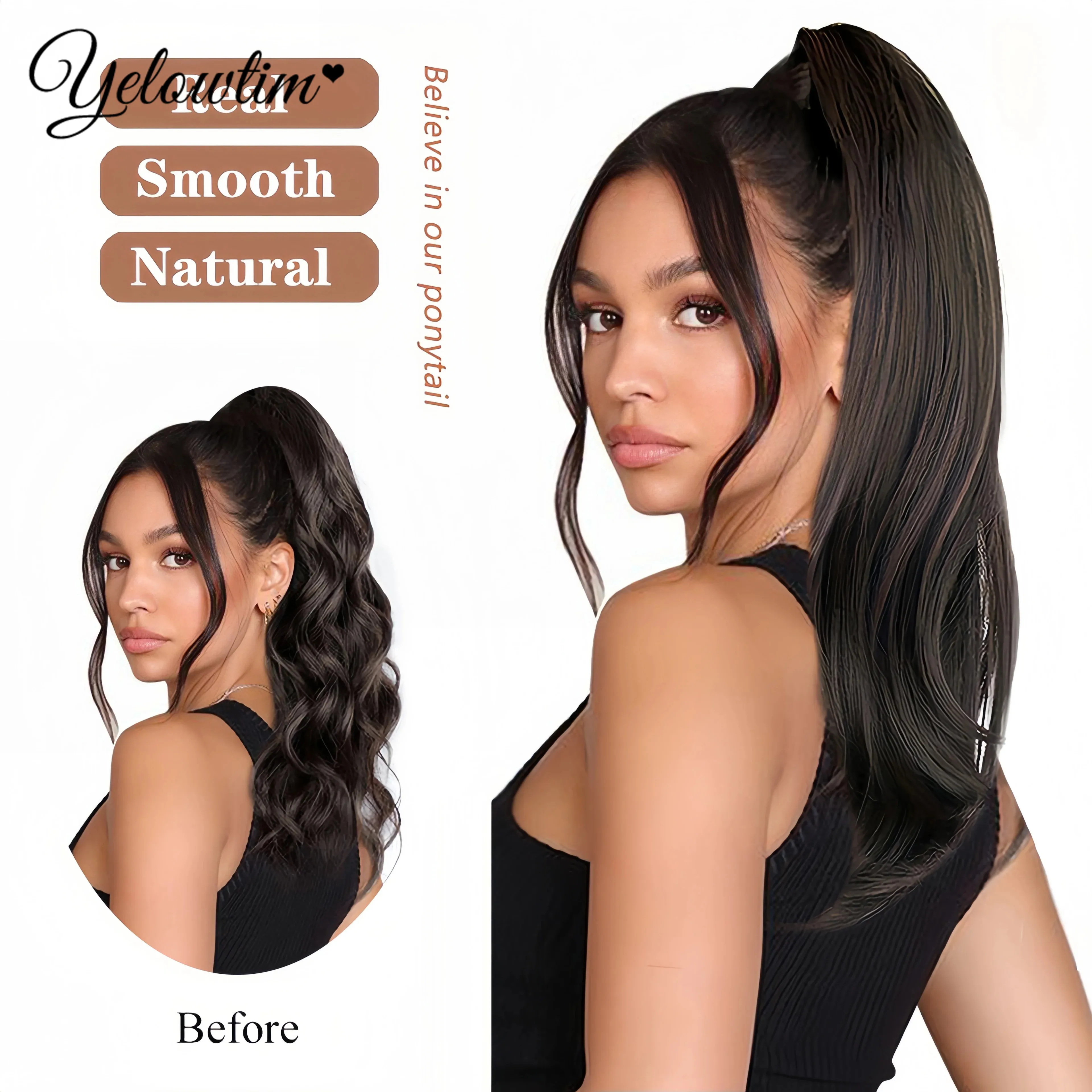 YELOWTIM-Pedaço sintético do cabelo da cauda do pônei para mulheres, garra reta longa, clipe no rabo de cavalo, extensões do cabelo, resistente ao calor,