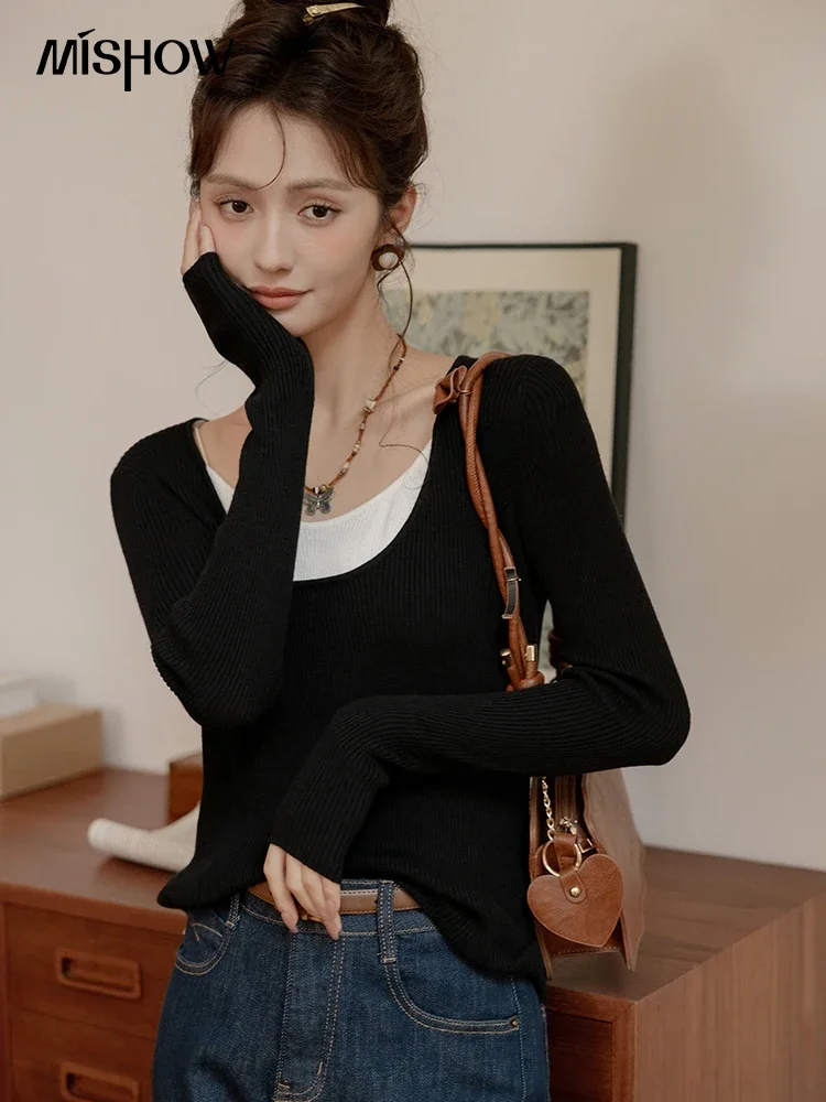 MISHOW Fake Two O-neck Tops Wool Blend Knitted Sweaters for Women Autumn 2024 Slim Inner Base Top Patchwork Sweater MXD41Z0741