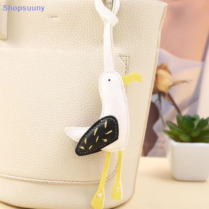 [SU]PU Leather Seagull Pendant Patchwork Keychain Cute Bag Ornament Backpack Decoration Gift[SU]