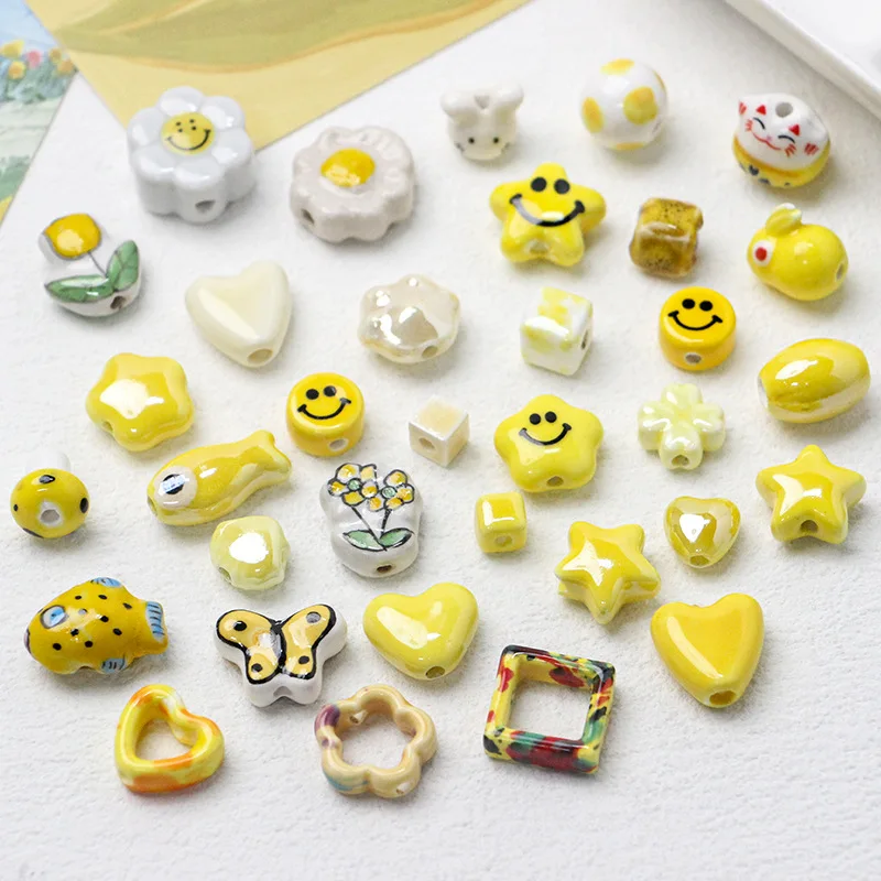 3/5/10pcs Yellow Ceramic Beads, Various Styles of Spacer Beads for Jewelry Making, DIY Bracelets and Necklaces Accessories