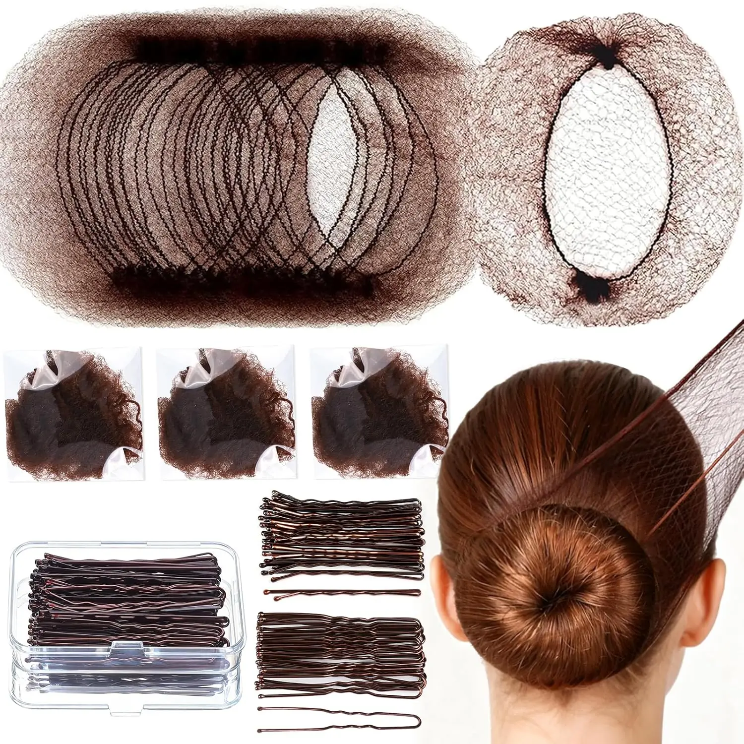 

20 Pack Hair Net for Bun with 40 Pins, Brown Hair Nets for Women