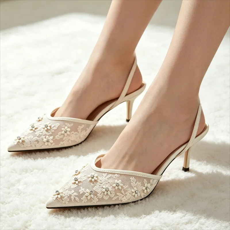 Luxury Mesh Embroidered Crystal Flower Detail Women's Pumps Fashion Pointed Toe Slingback Heels Elegant Wedding Brides Shoes - view 5