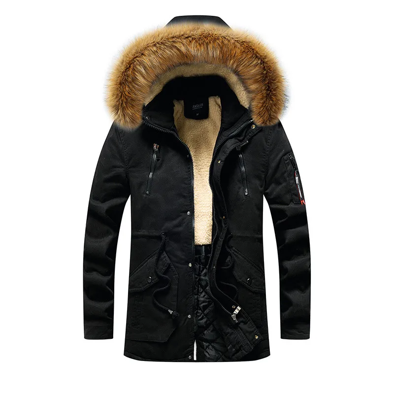 

Men's Medium to Long Length Thick Pure Cotton Parkas Winter Hooded Velvet Thick Windproof Coat New Mens Fur Collar Windbreaker