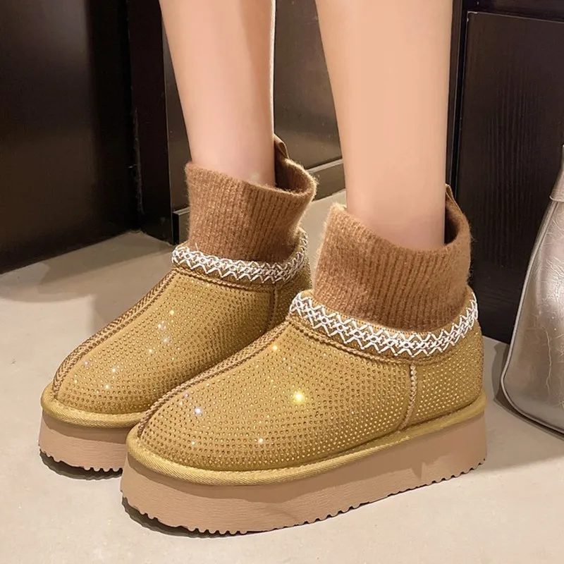 

Новинка 2025, зимние женские вязаные зимние ботинки на платформе, женские теплые ботильоны из натуральной кожи на меховой подкладке, женская плюшевая обувь на толстой подошве