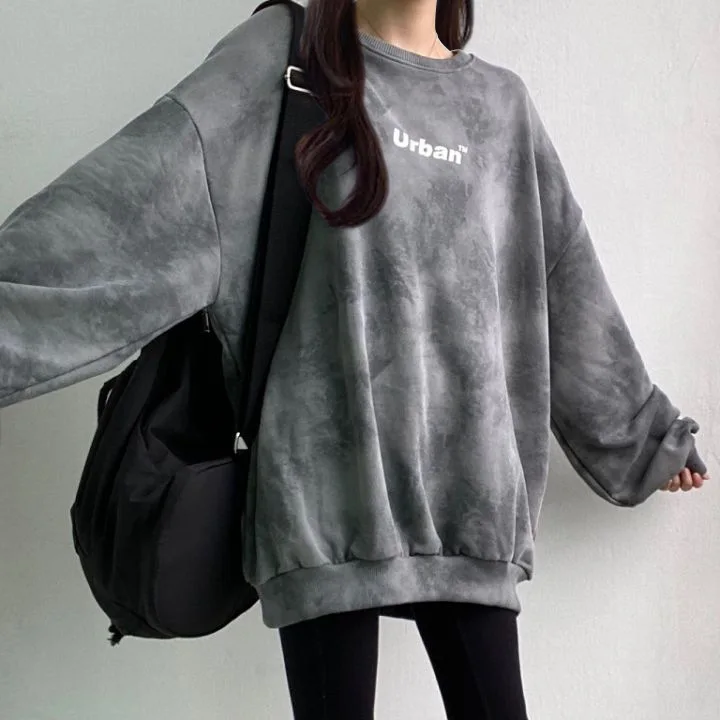 Donna coreano stile retrò Vintage lettera Tie Dye stampa Casual felpa allentata O collo manica lunga Pullover Streetwear autunno 2023