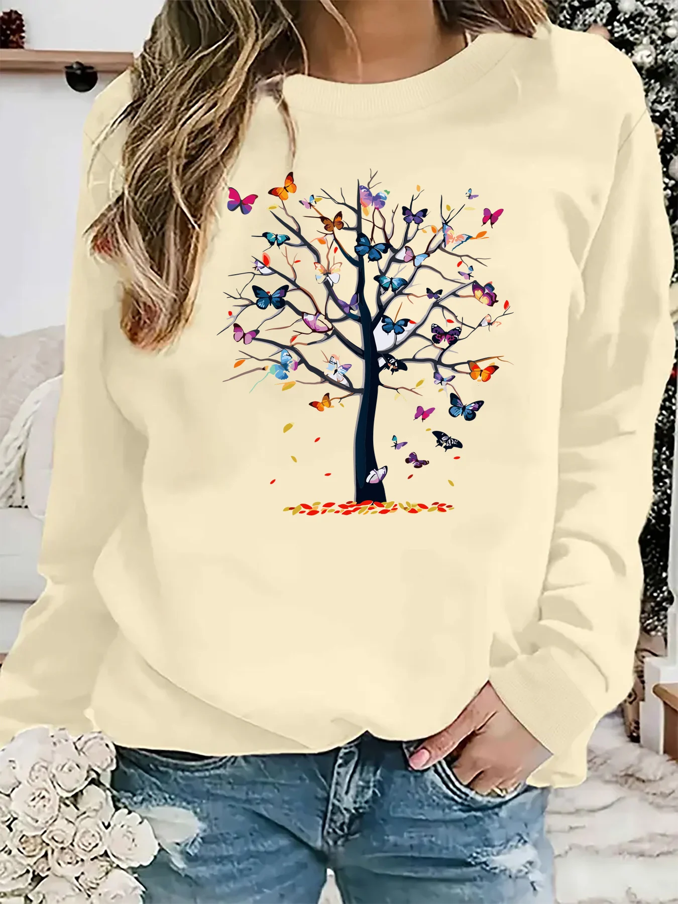 سترة نسائية للخريف والشتاء كاجوال فضفاضة ومريحة ودافئة على شكل شجرة فراشة مطبوعة برقبة دائرية وأكمام طويلة