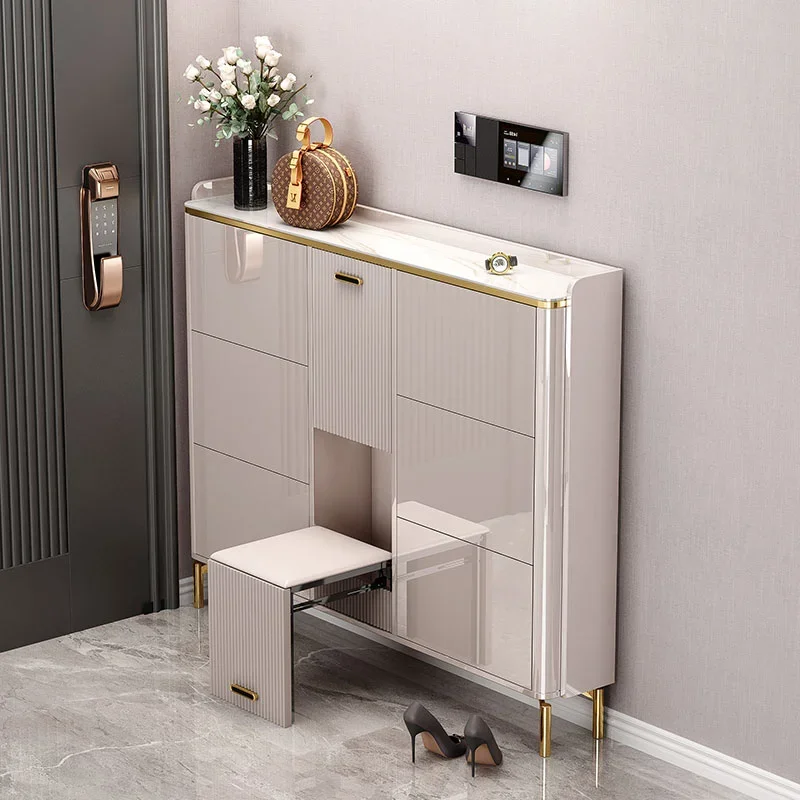 

Light luxury ultra-thin shoe cabinet 17cm tipping bucket, integrated stool outside the door, entrance cabinet, household door