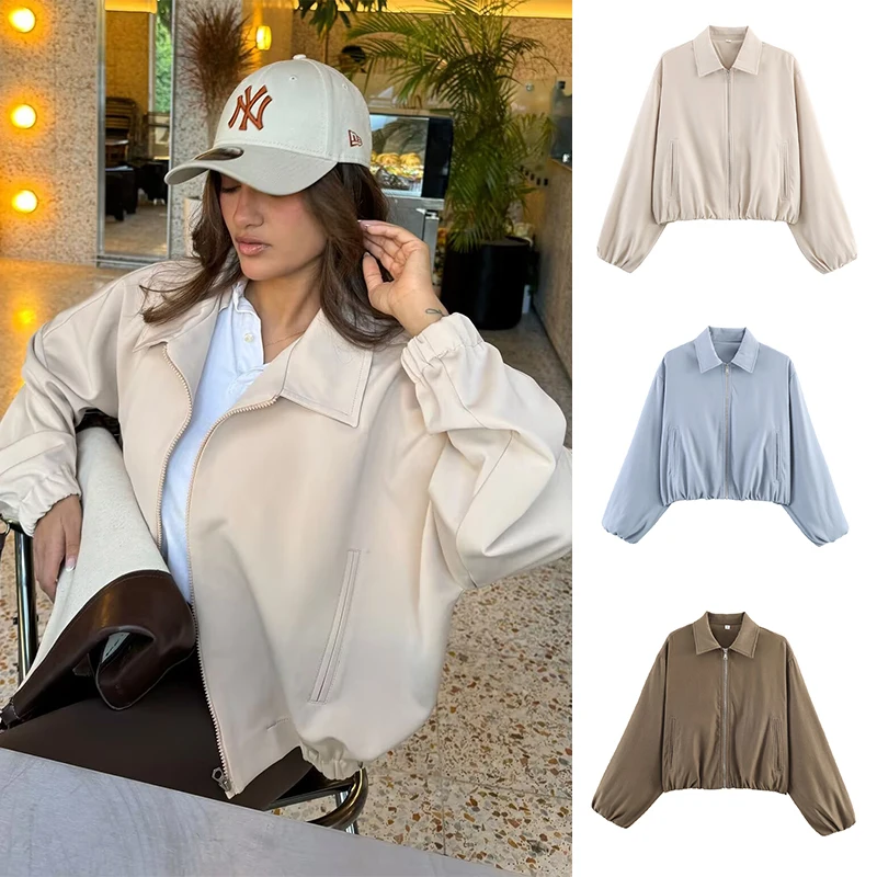 

SLTNX Women's Beige Loose Casual Jacket Long Sleeve Streetwear Zipper Front with Pockets Spring Summer Chic Outerwear