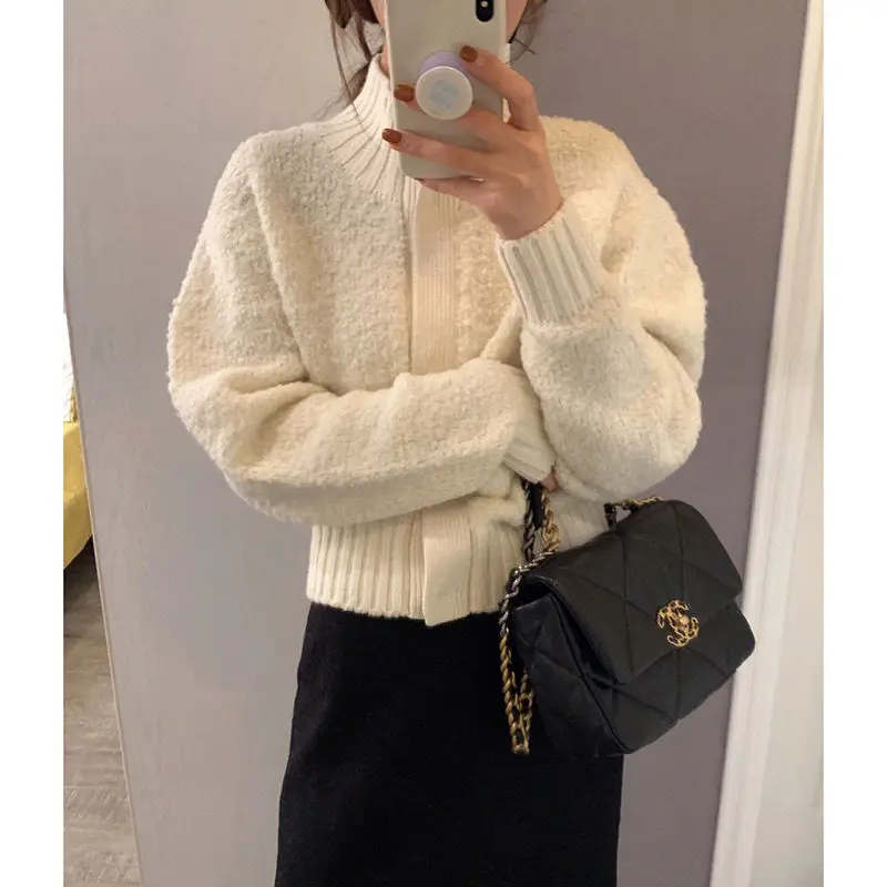 Turtleneck White Knitting Cardigan Coat Women Autumn Winter Simplicity Office Lady Sweater Casual Loose All-match Knitwear Tops