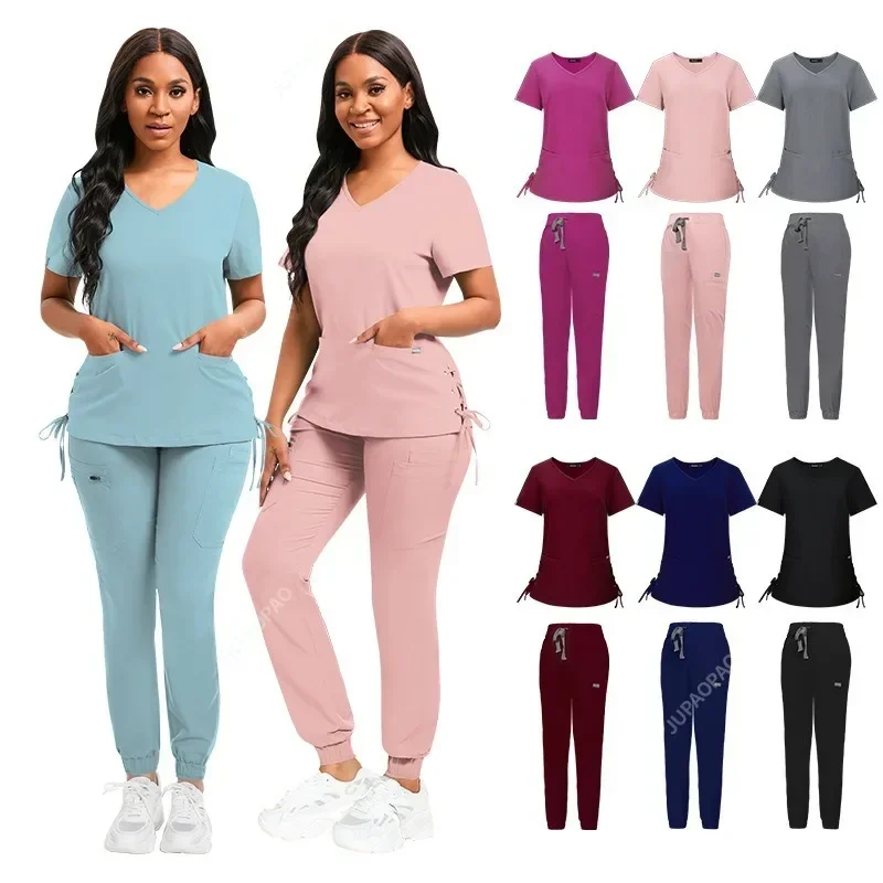 New Pattern Surgical Pink Navy Blue Red Black Spa Salon Dental Aesthetic Scrubs Medical Beauty Nurse Women Work Uniform Set