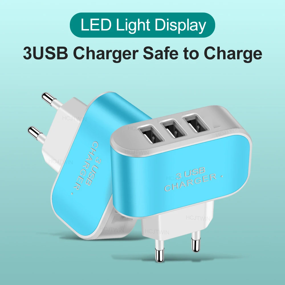 3USB EU US Plug LED Mobile Phone Chargers Multi-Head Travel Charger 3Ports LED Light Phone Charge Adapter EU Plug Charger