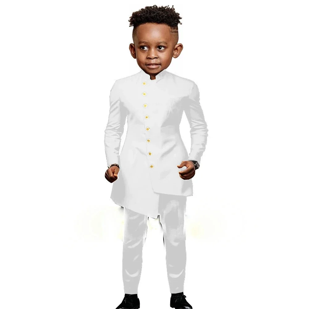 White Suit For Boys Wedding Tuxedo Indian Design with Stand Collar 2 Pieces Slim Fit Kids Fashion Party Dress Child Clothes