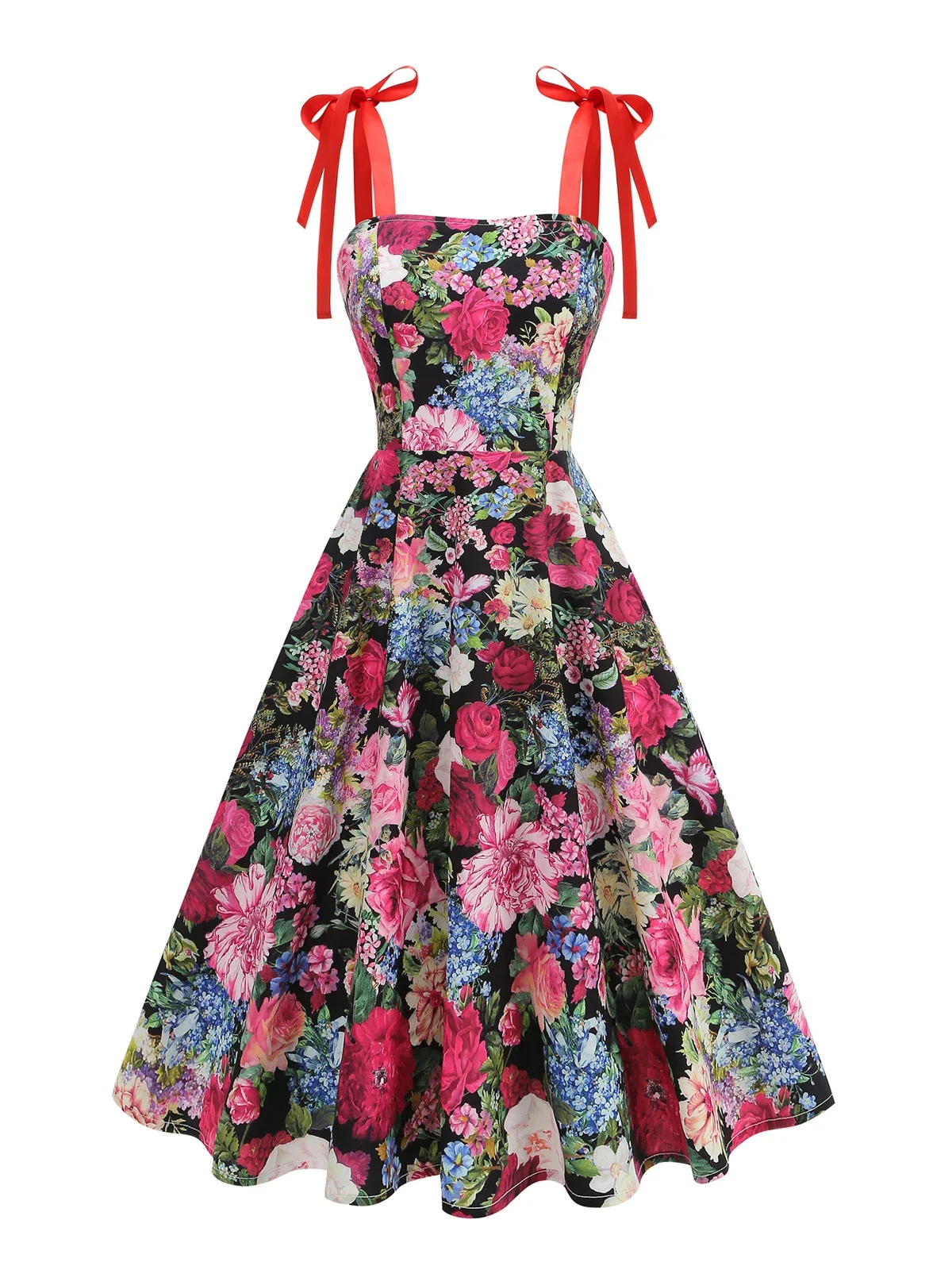 2025 60s ผู้หญิง Multicolor Floral Fit และ Flare ชุดเดรสวินเทจ Bow Tie สายรัด Shirred กลับวันเกิดพรหมชุดราตรี