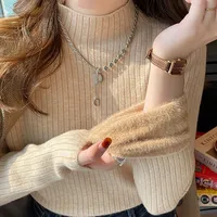 ITOOLIN Autumn Women Velvet Thicken Warm Sweaters Semi Turtleneck Knit Thermal Pullovers Women Solid Ribbed Sweater Winter 2024