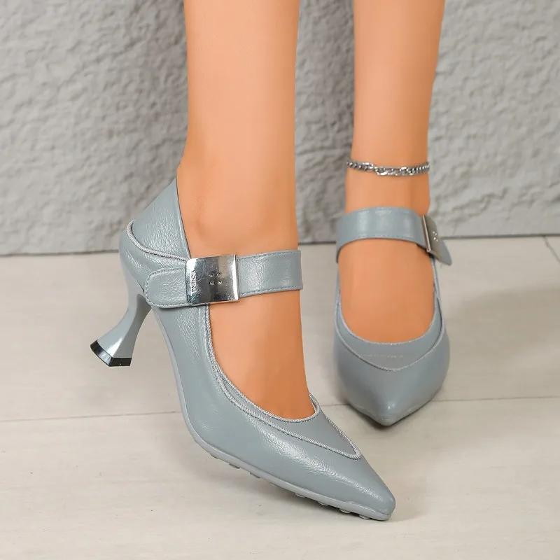 

Metal Buckle One Strap Slim Heel Single Shoes Autumn New Pointed Toe Shallow Mouth Anti-slip Wear-resistant High Heels