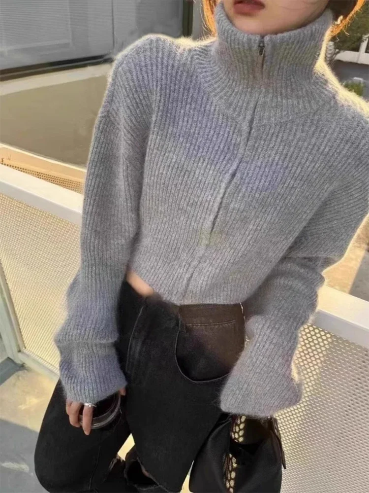 Stehkragen-Strickjacke mit Reißverschluss, bauchfreier Rippstrickpullover, Jacke mit Reißverschluss vorne, Herbst-Winter, Y2K-C Turismoigan cremallera cuello alto
