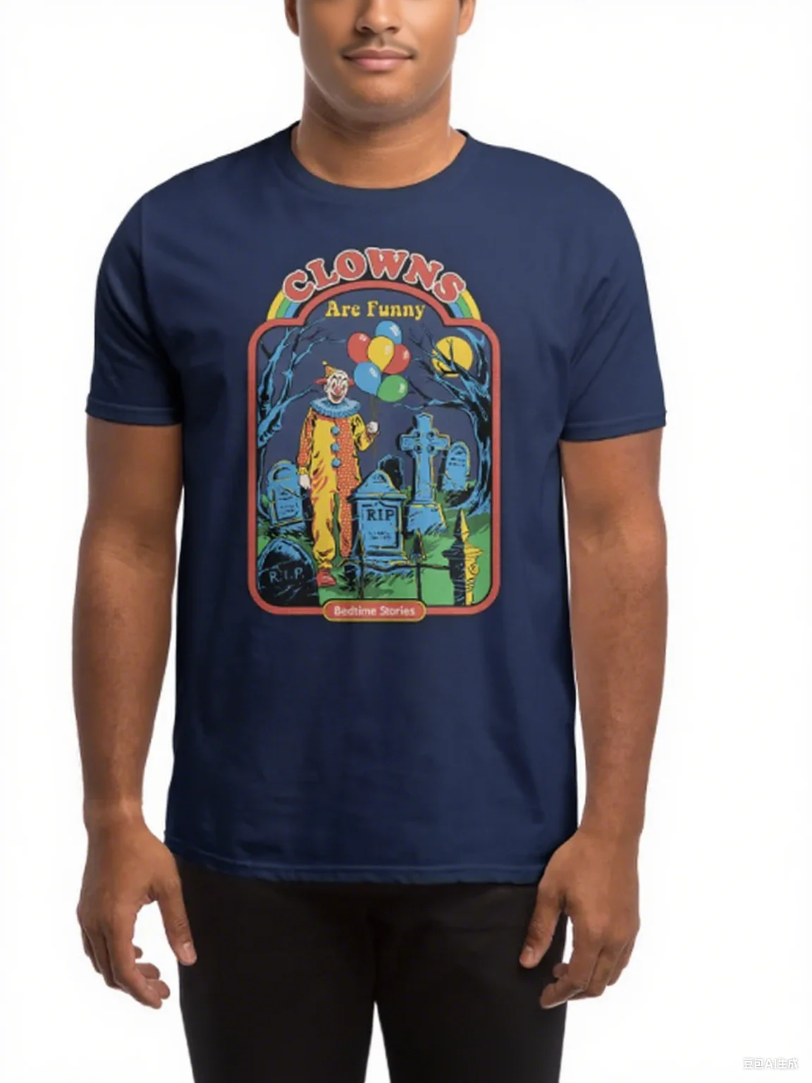 

Nostalgic Dark Clown Cotton Crew Neck T Shirt with A Creative Print of A Clown in A Graveyard Along with The Phrase Clowns