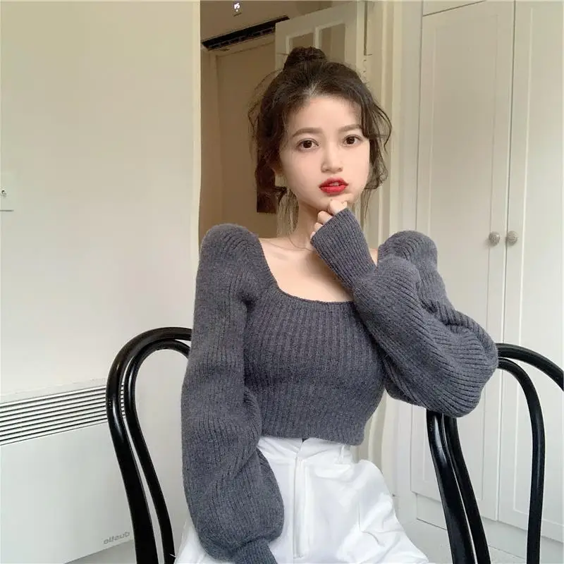 

Square Neck Knitwear Women's Fashion Elegant Office Lady Sweaters Puff Long Sleeve Knitted Sweater Pullovers Solid Color V18