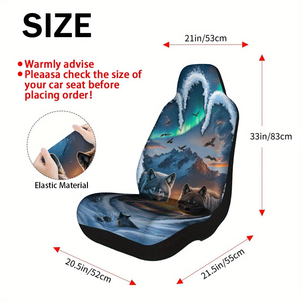 2pcs Winter Wildlife Car Seat Covers - Arctic Wolf & Northern Lights Design, Durable Polyester Front Seat Protectors, Easy Insta