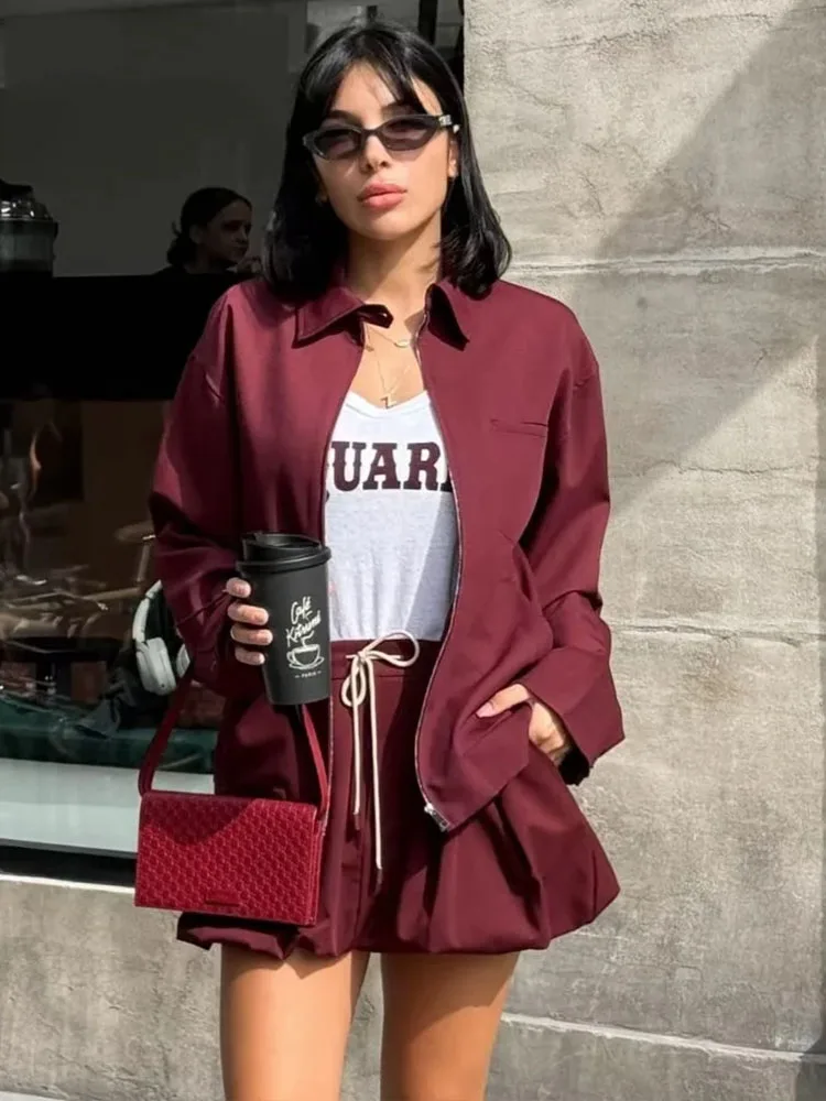 SIYANG  Women Fashion Chic Dark Red Zippered Pocket Jacket Female Long Sleeve With Belted Cuffs Coat Outerwear